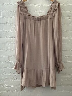By The River Tan Flowy Tiered Dress Tie Back Ruffles Romantic Boho Coquette Sz L